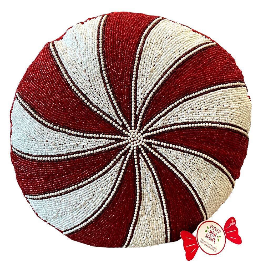 Beaded Christmas Peppermint Candy Pillow 15in Holiday Decor by Peppermint Square